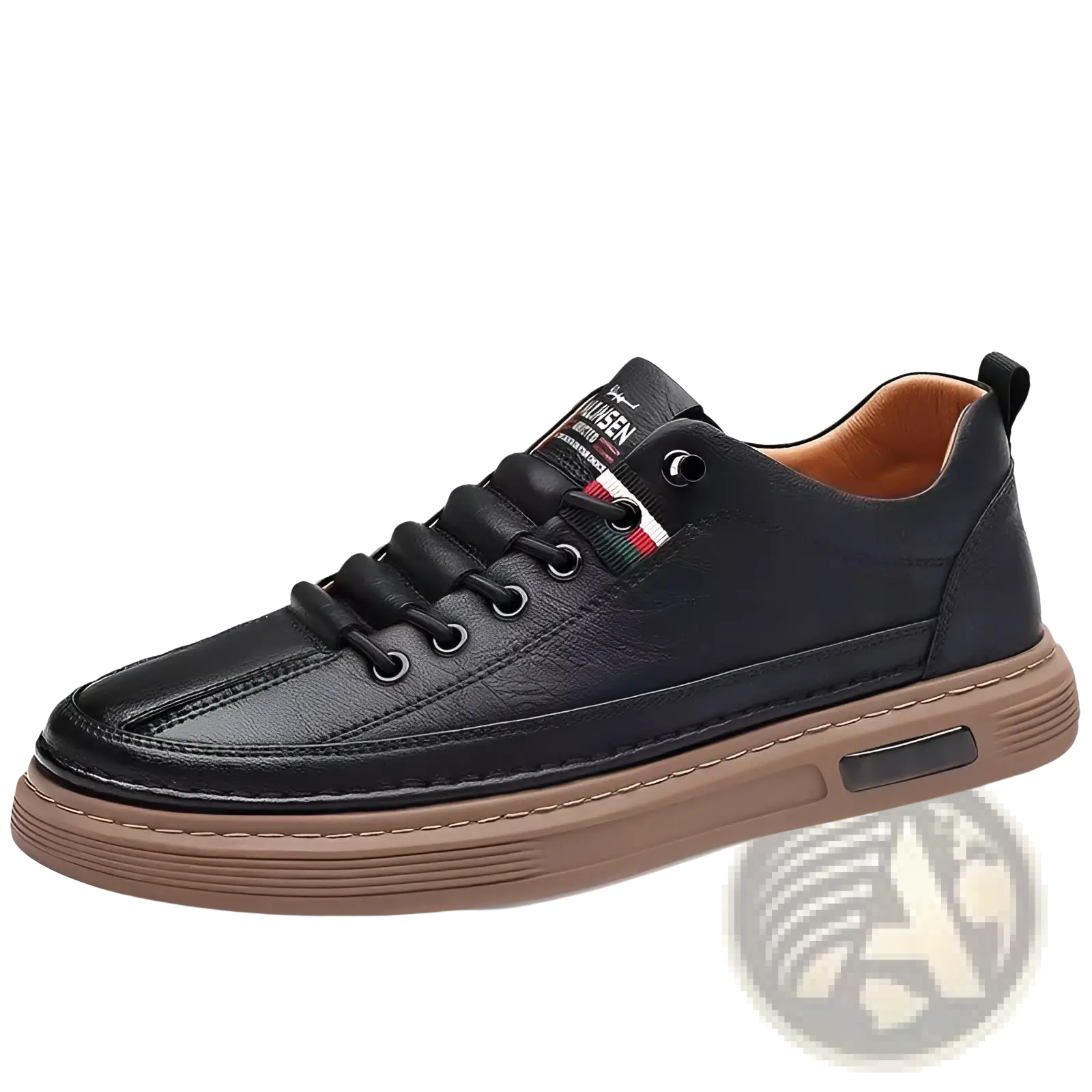 Black leather low-top sports sneaker with cushioned tan rubber sole and logo patch on the tongue