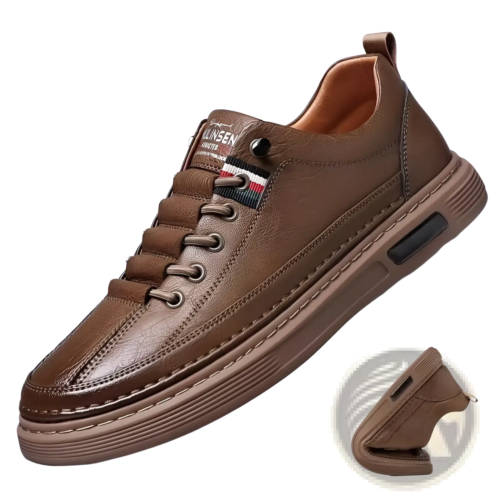 Brown leather sports sneaker with textured upper cushioned air sole matching laces and striped fabric tab near tongue