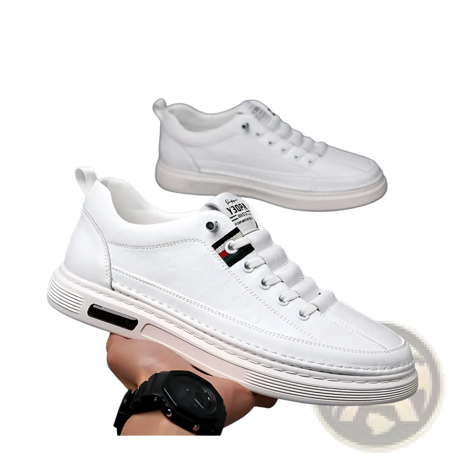 White leather low-top sports sneaker with black air cushioning and striped tab near laces for fashion and comfort