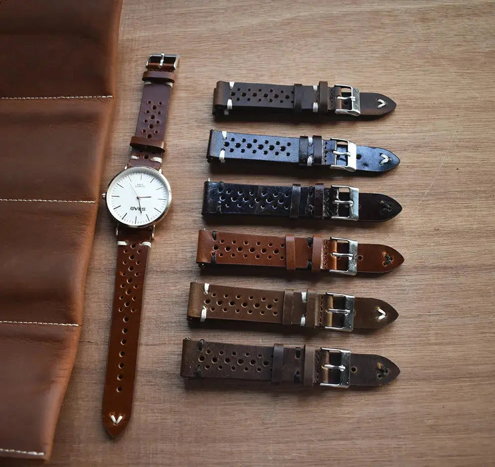 Handmade perforated crazy horse leather watch strap in brown with silver-toned buckle and durable accessory design