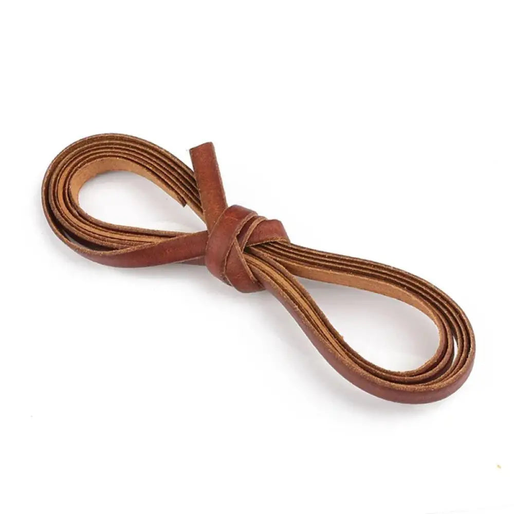 Handmade genuine brown leather cord for diy crafting projects shown as a neatly tied belt strap knot