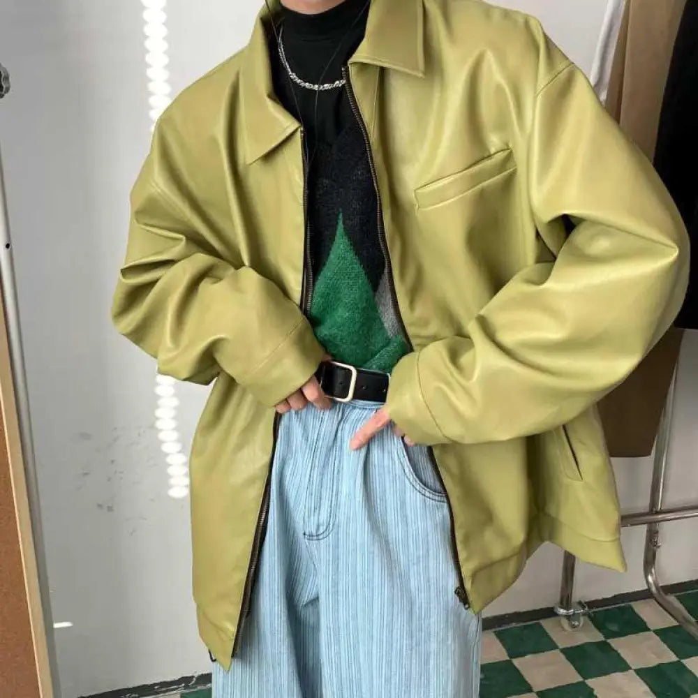 Men’s relaxed fit olive green faux leather jacket with front zipper closure and comfortable casual style