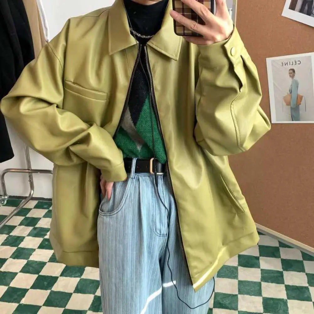 Men’s relaxed fit olive green faux leather jacket with a classic collar and front zipper closure