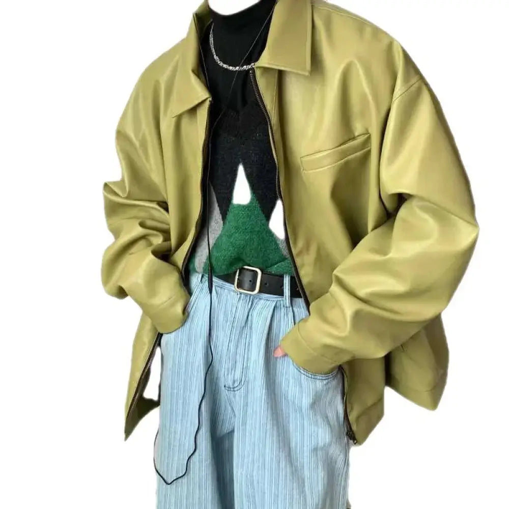Men’s relaxed fit olive green faux leather jacket with front zipper closure and casual style design