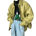 Men’s relaxed fit olive green faux leather jacket with front zipper closure and casual style design
