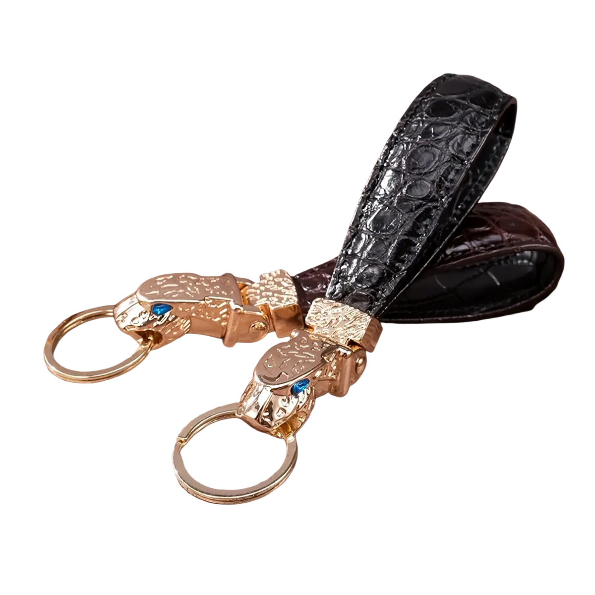 Leather tiger head keychain luxury car key ring in black crocodile leather with gold-toned tiger head charms and blue eyes