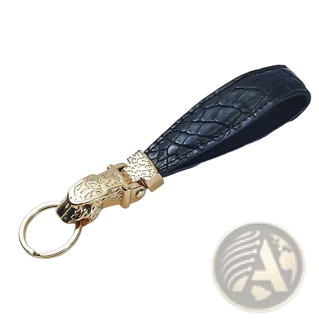 Black crocodile-embossed leather keychain with gold-toned tiger head clasp and metal ring for luxury car keys