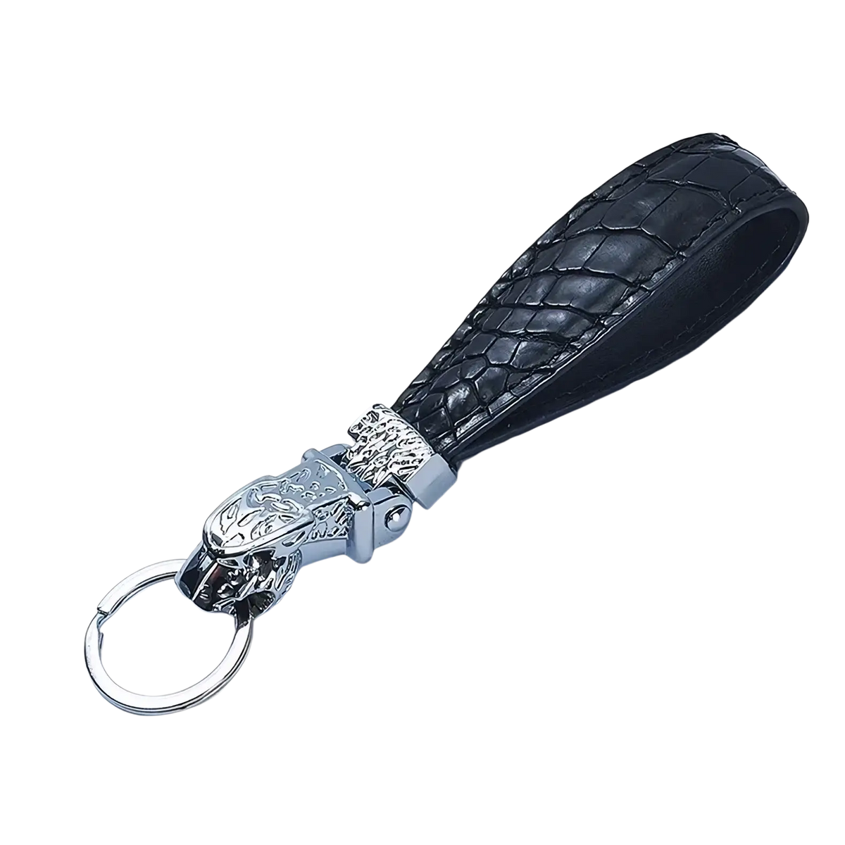 Black crocodile-patterned leather luxury car key ring with a silver-toned intricately engraved tiger head clasp