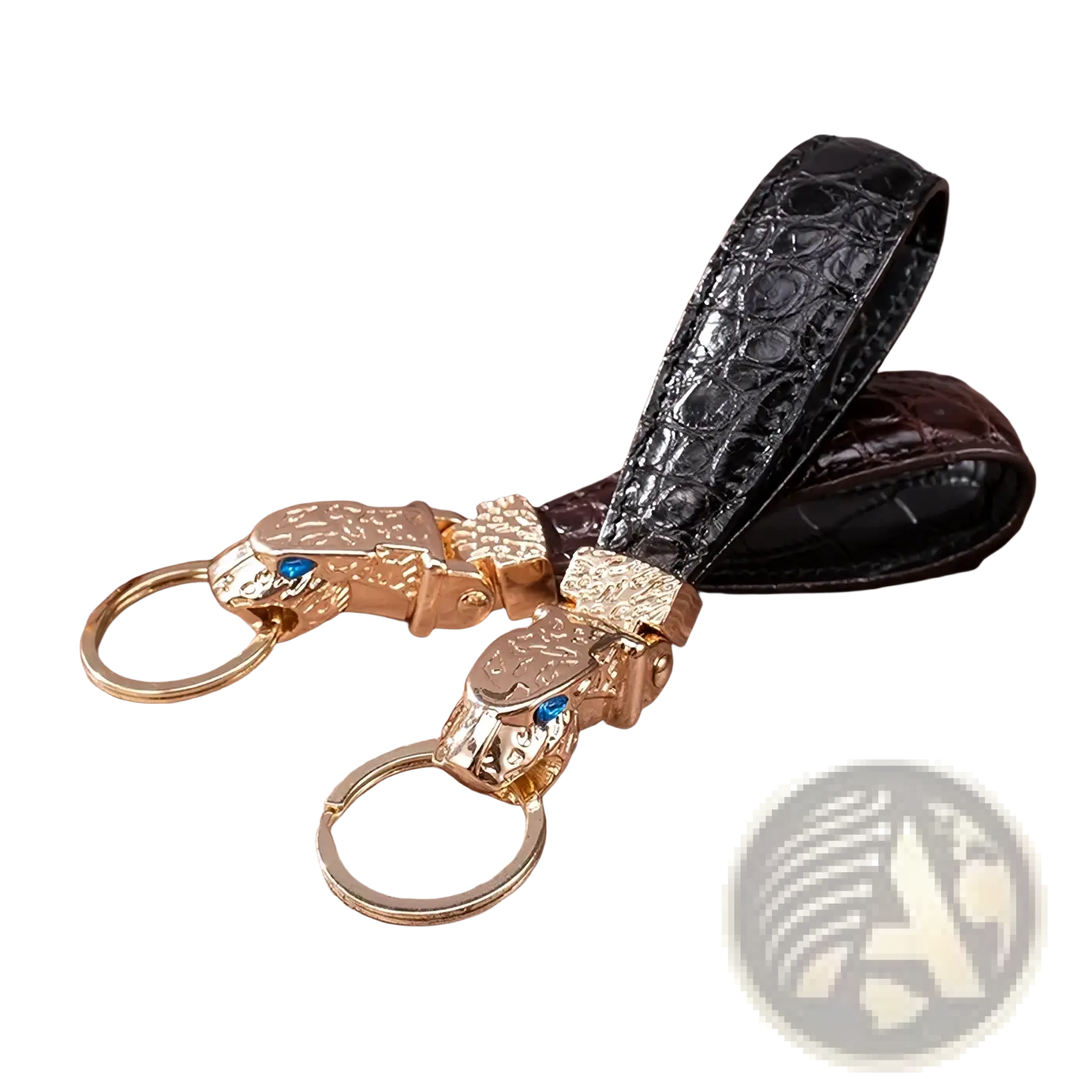 Leather tiger head keychain luxury car key ring in black crocodile leather with gold-toned tiger head charms and blue eyes