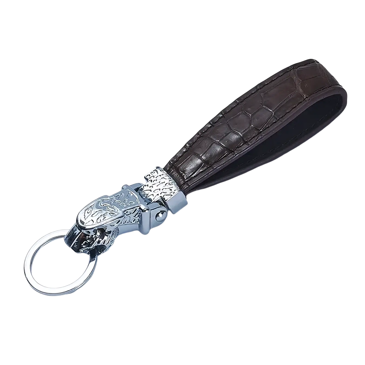 Brown crocodile-patterned leather keychain with silver-toned intricately engraved tiger head clasp luxury car key ring