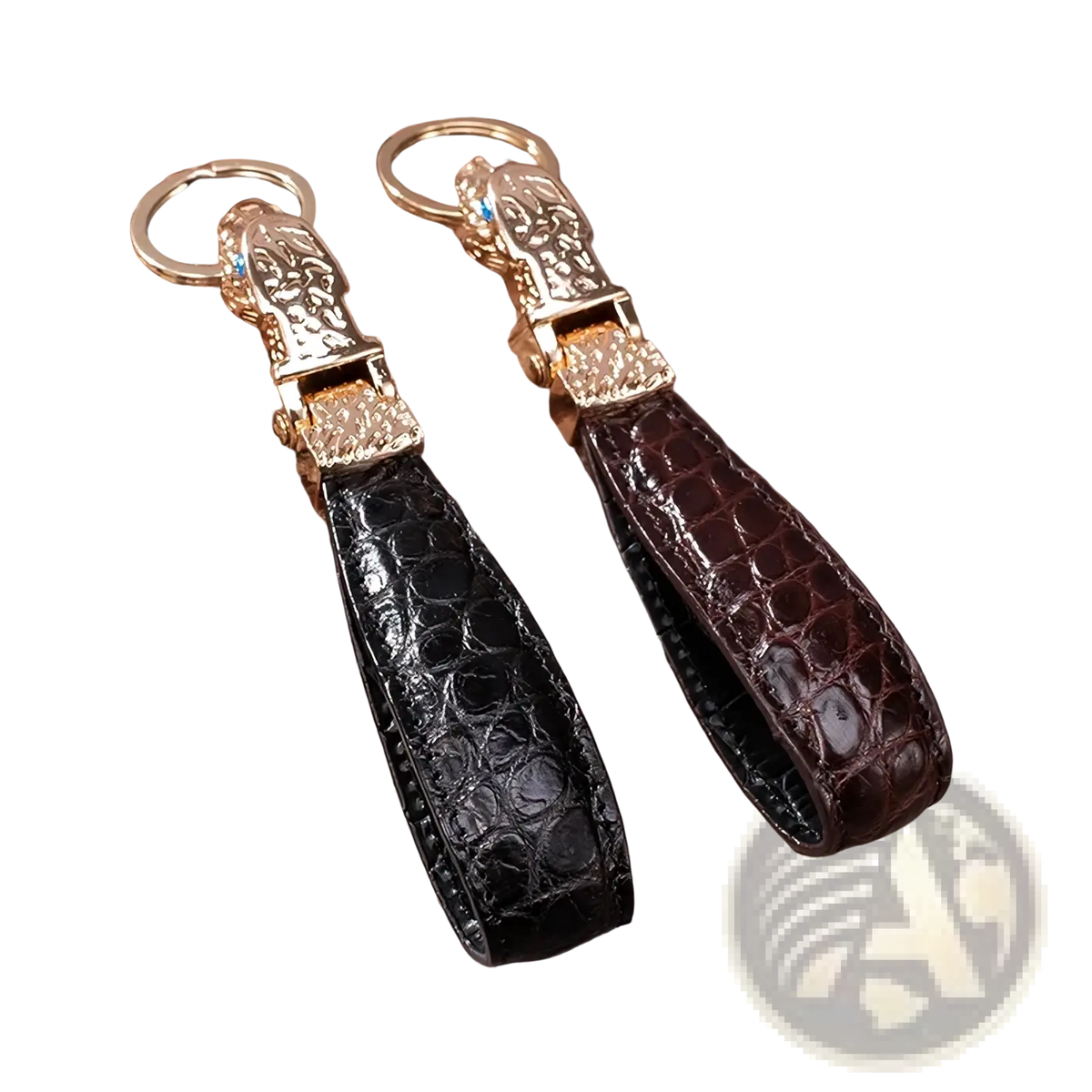 Elegant black and brown crocodile-embossed leather tiger head keychain with gold-toned engraved metal clasp luxury car key ring