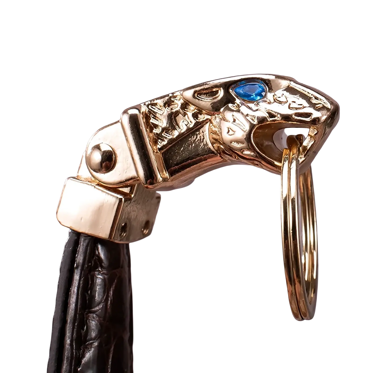 Leather tiger head keychain luxury car key ring with gold-toned snake head, blue gemstone eye, and black leather strap