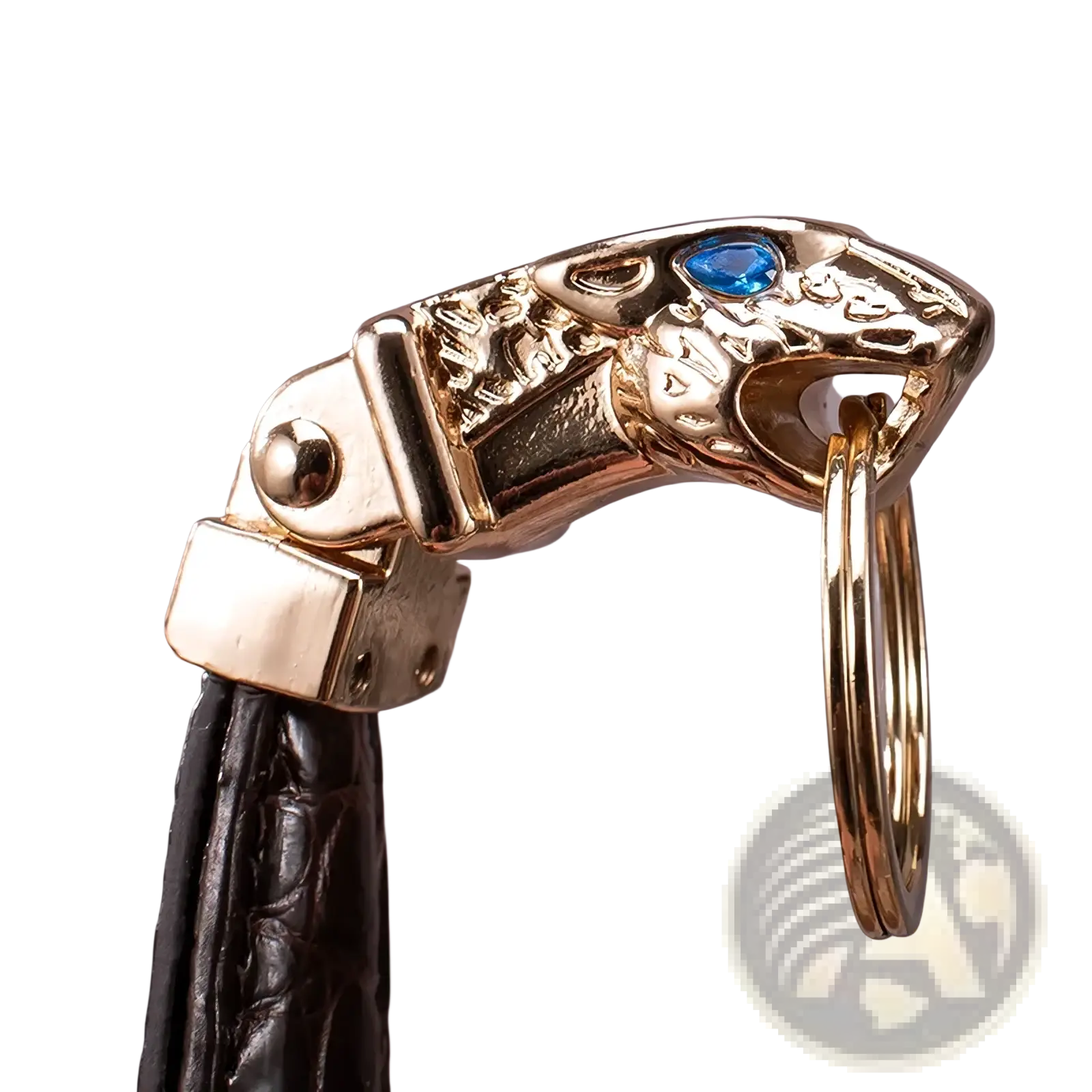 Leather tiger head keychain luxury car key ring with gold-toned snake head, blue gemstone eye, and black leather strap