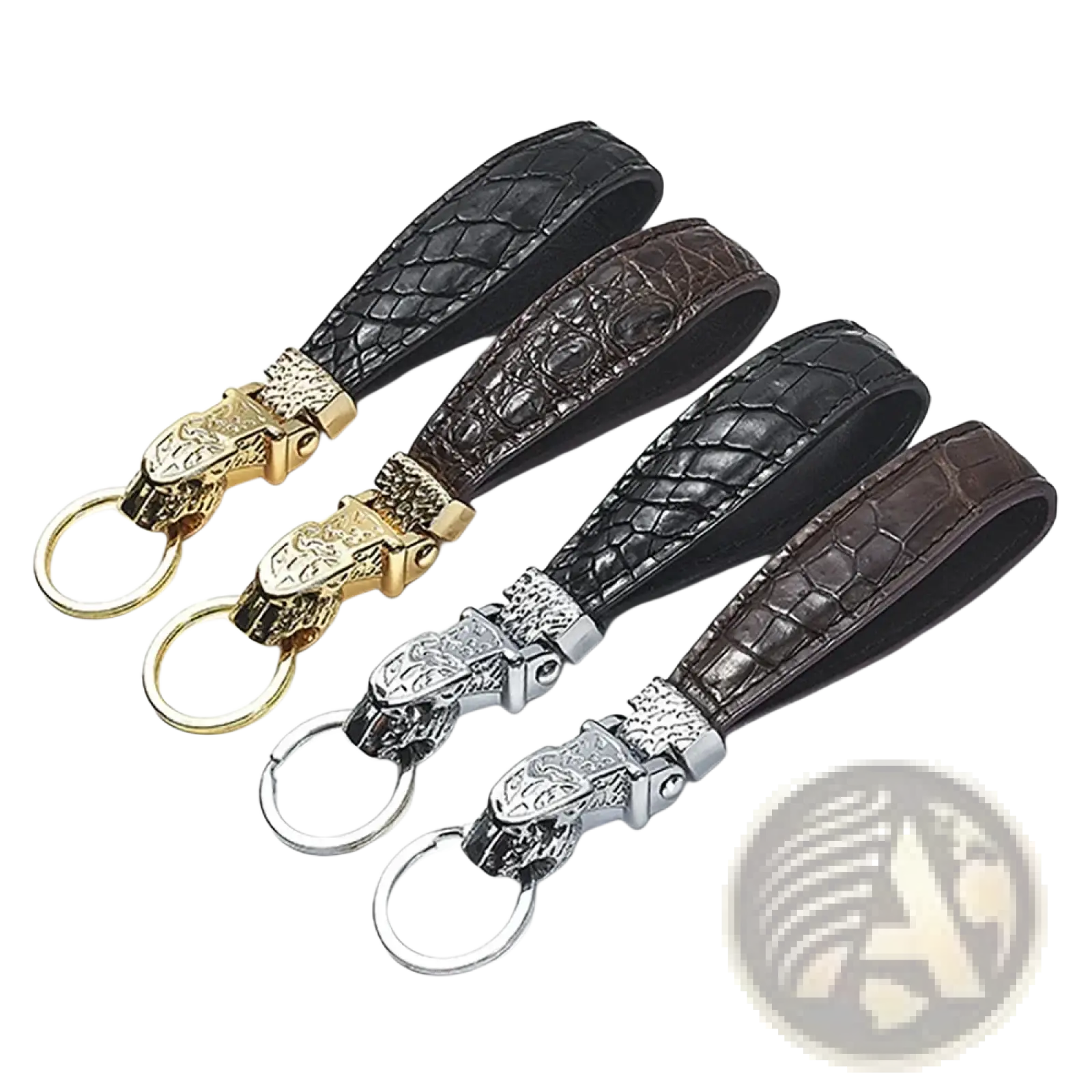 Set of four crocodile-patterned leather keychains with gold silver and black metal tiger head clasps for luxury car keys