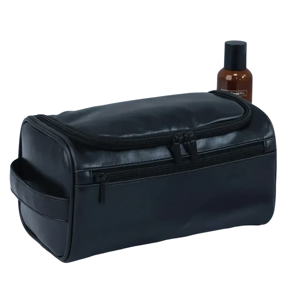 Black leather toiletry bag for men and women with multiple zippers and a side handle for travel dopp kit use