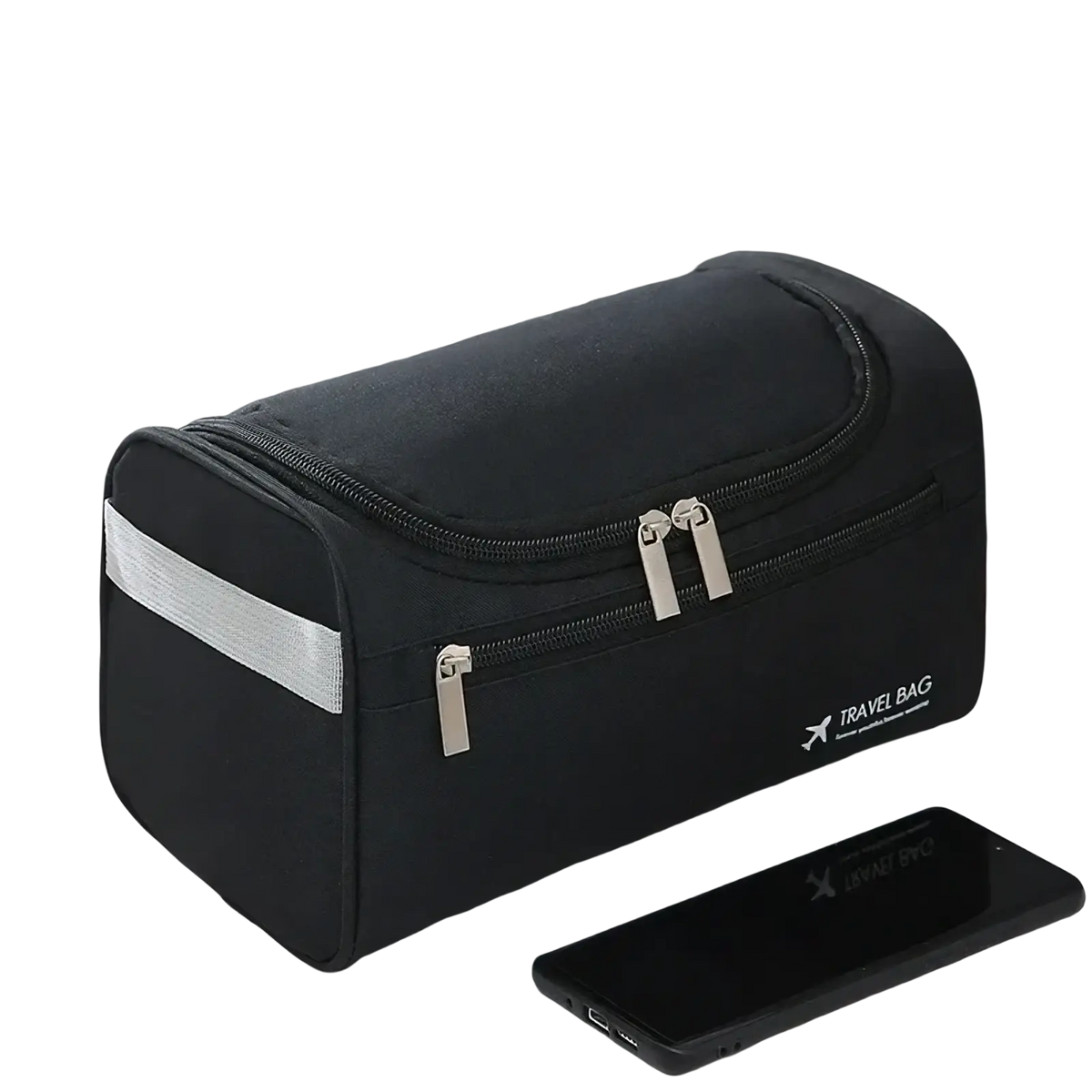 Black leather toiletry bag with silver zippers and reflective stripe for men and women travel dopp kit