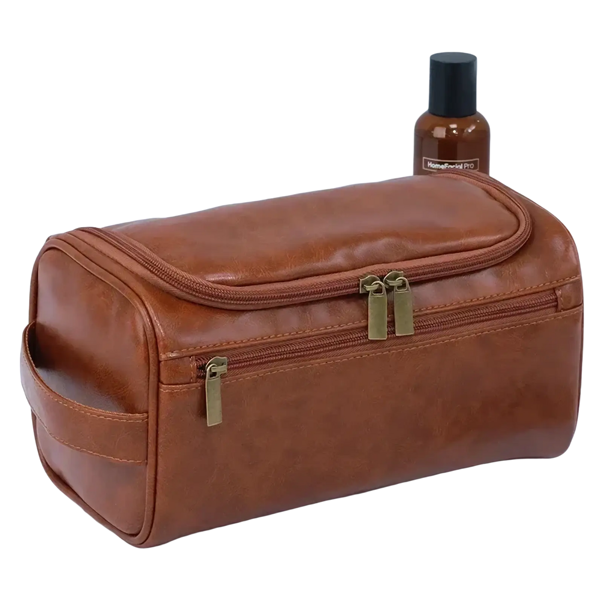 Brown leather toiletry bag with gold-tone zippers and side handle for men and women travel dopp kit