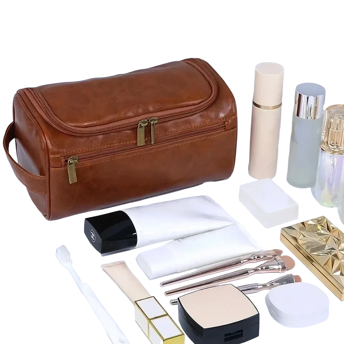 Brown leather toiletry bag with gold-tone zippers and handle for men and women travel dopp kit