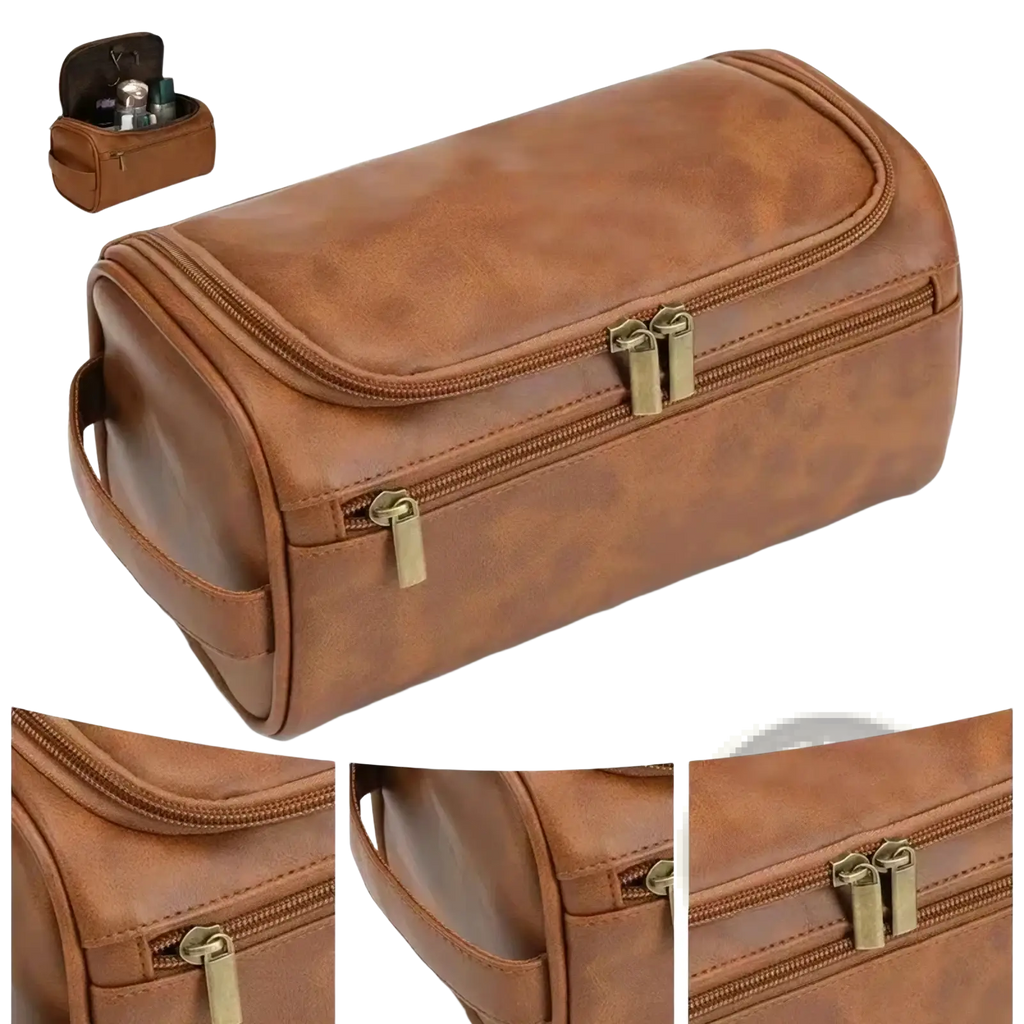 Brown faux leather travel toiletry bag with gold-tone zipper pulls and side handle for men and women dopp kit