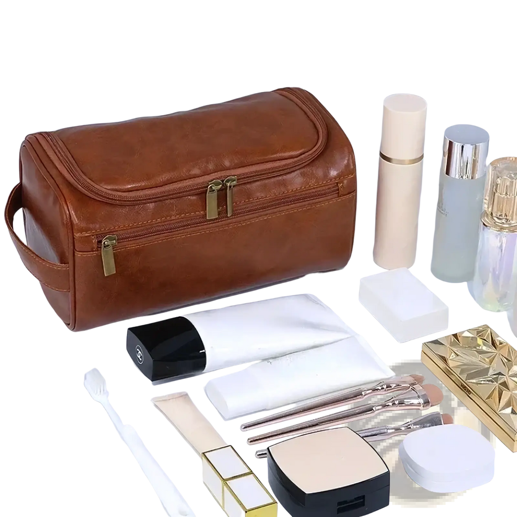 Brown leather toiletry bag with gold-tone zippers and handle for men and women travel dopp kit