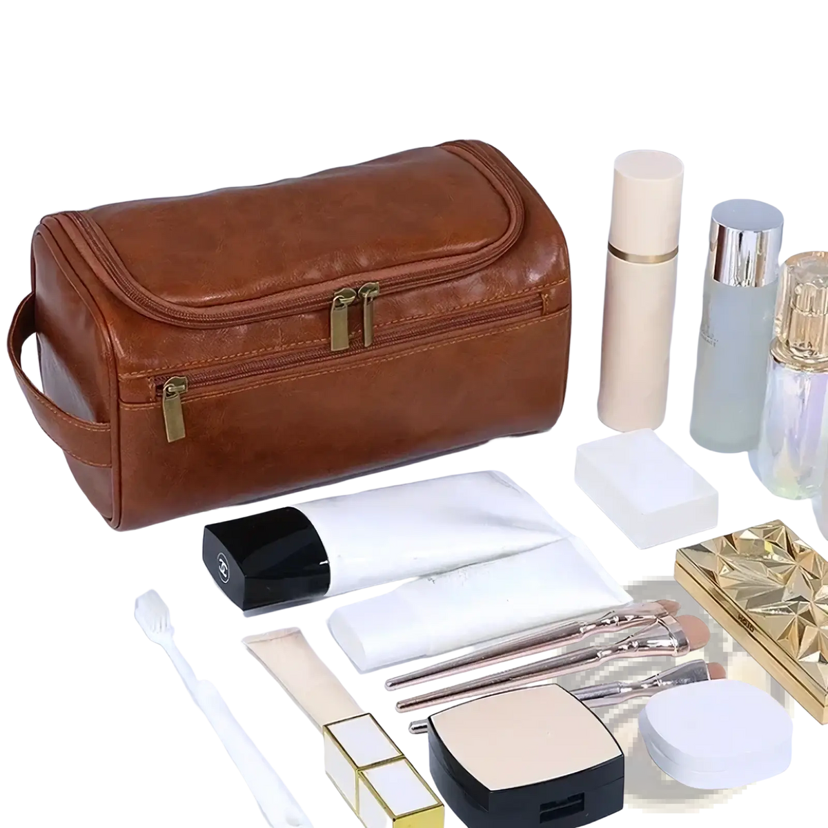 Brown leather toiletry bag with gold-tone zippers and handle for men and women travel dopp kit