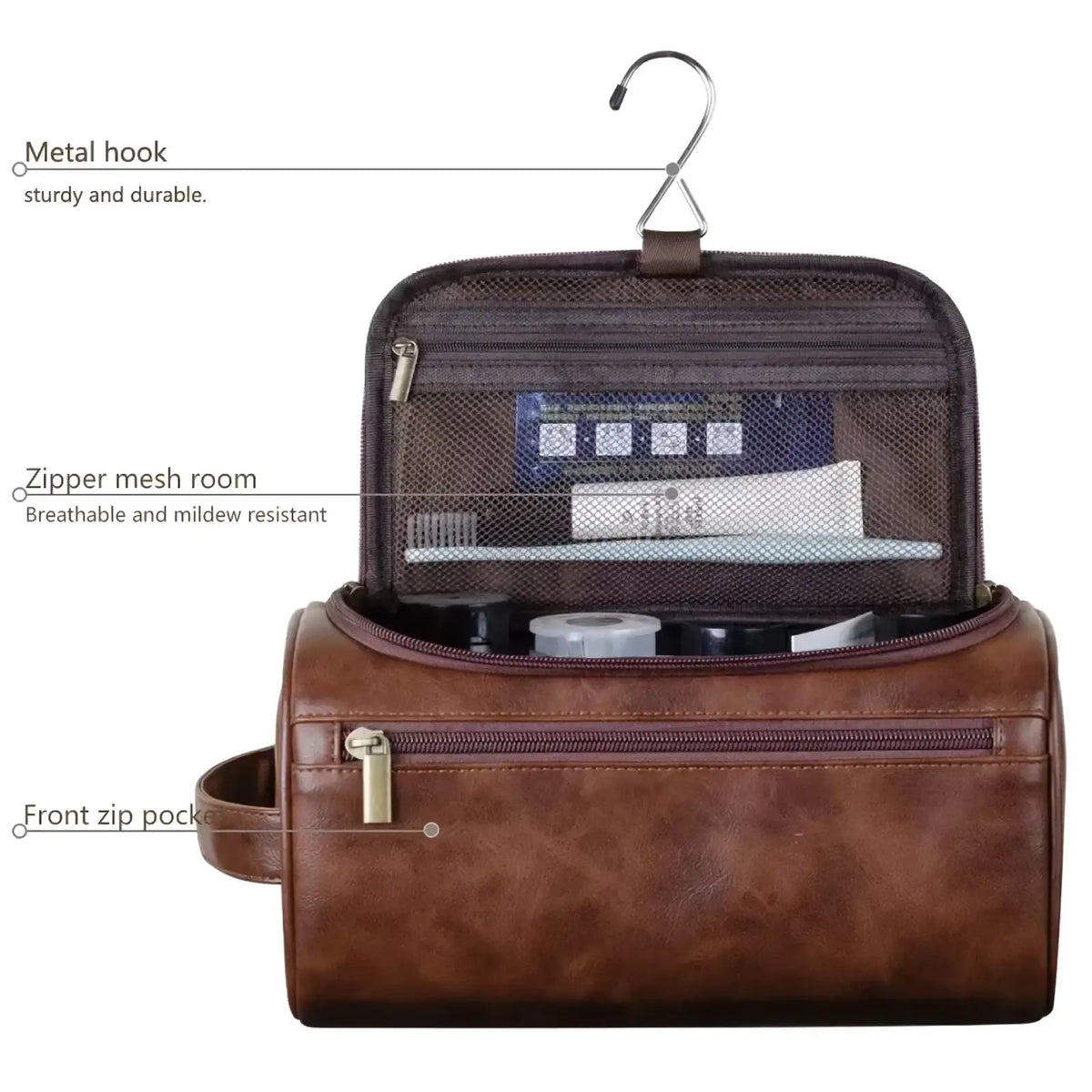 Brown leather toiletry bag with metal hook zipper and mesh compartments for men and women travel dopp kit