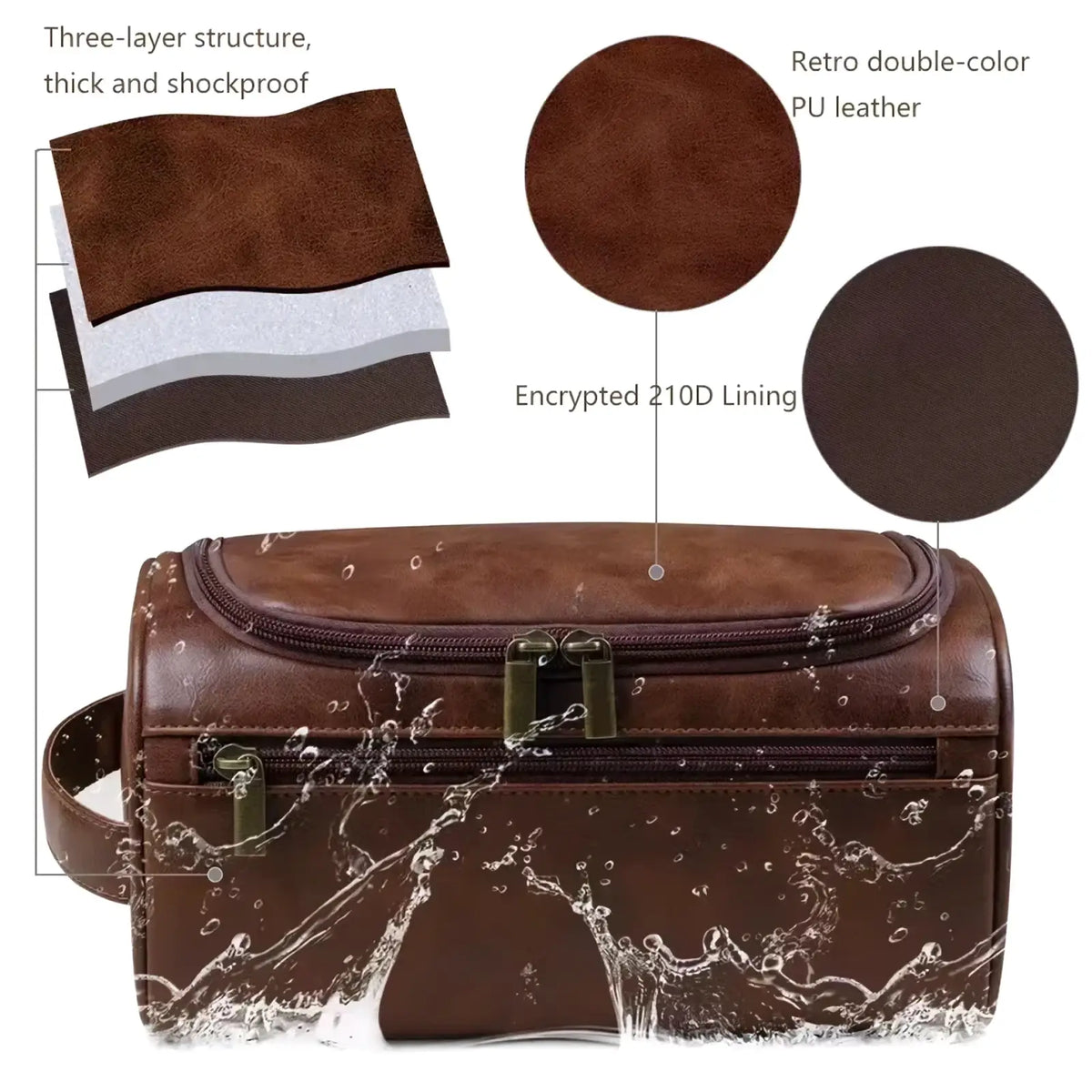 Brown retro double-color pu leather travel toiletry bag with encrypted 210d lining for men and women travel dopp kit