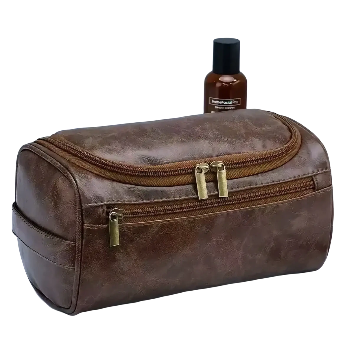 A brown textured leather toiletry bag with gold-toned zippers for men and women travel dopp kit