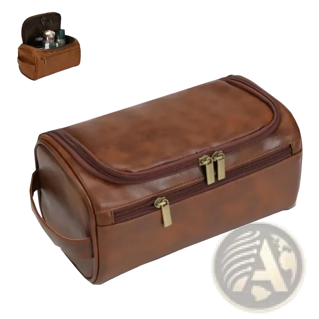 Brown leather toiletry bag with two zippers and a handle for men and women travel dopp kit