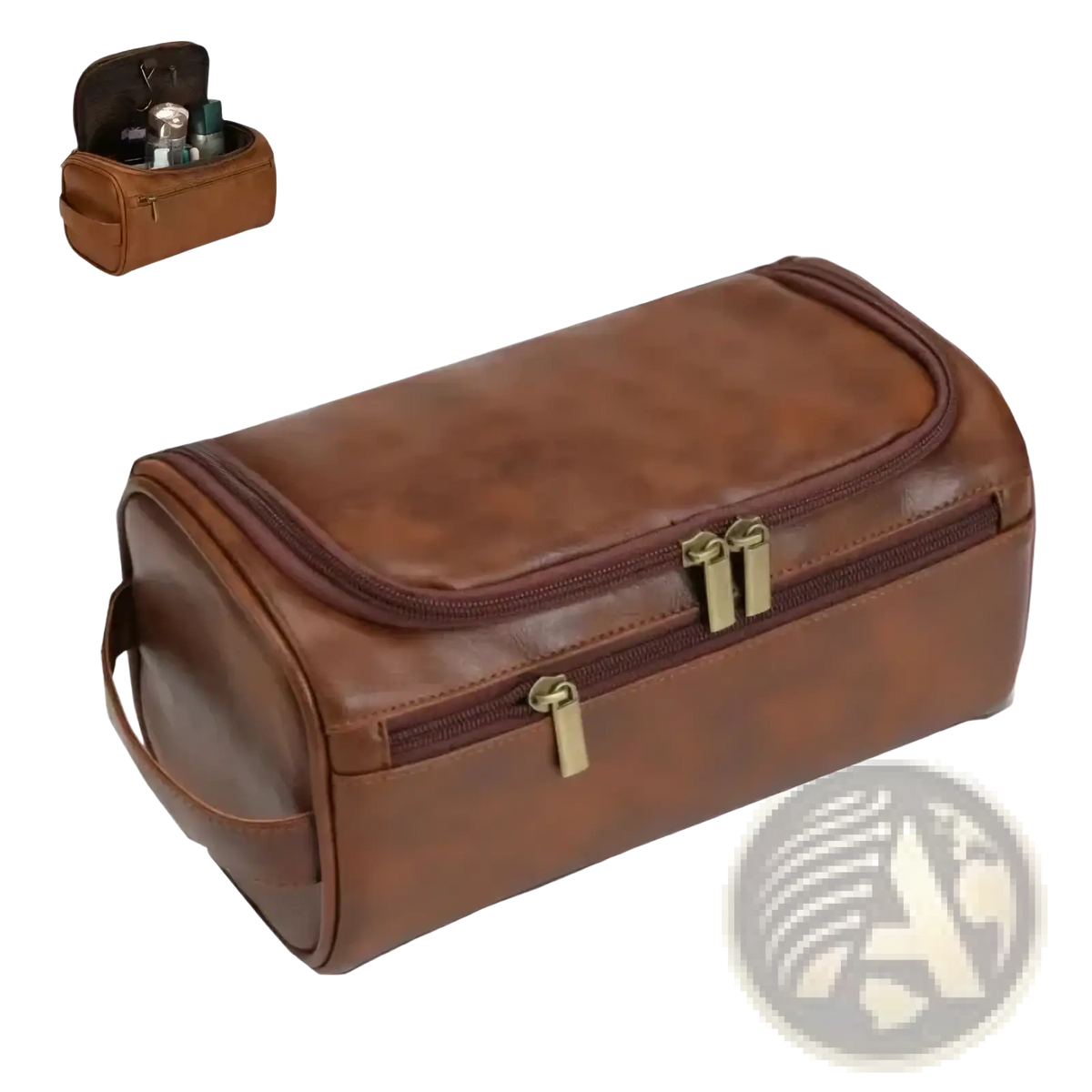 Brown leather toiletry bag with two zippers and a handle for men and women travel dopp kit