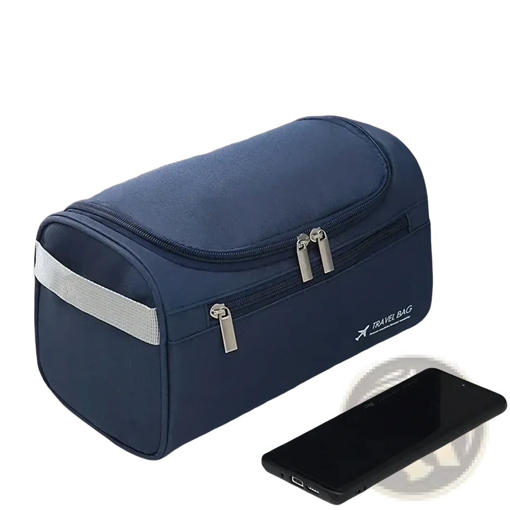Navy blue leather toiletry bag for men and women with silver zippers and reflective gray strap for travel use
