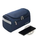 Navy blue leather toiletry bag for men and women with silver zippers and reflective gray strap for travel use