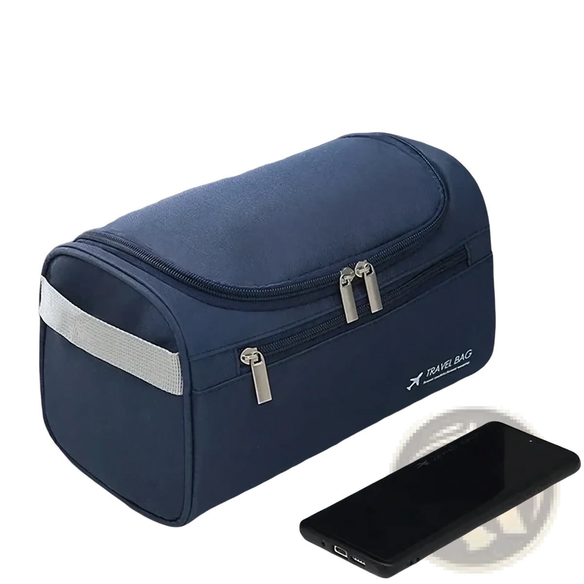 Navy blue leather toiletry bag for men and women with silver zippers and reflective gray strap for travel use