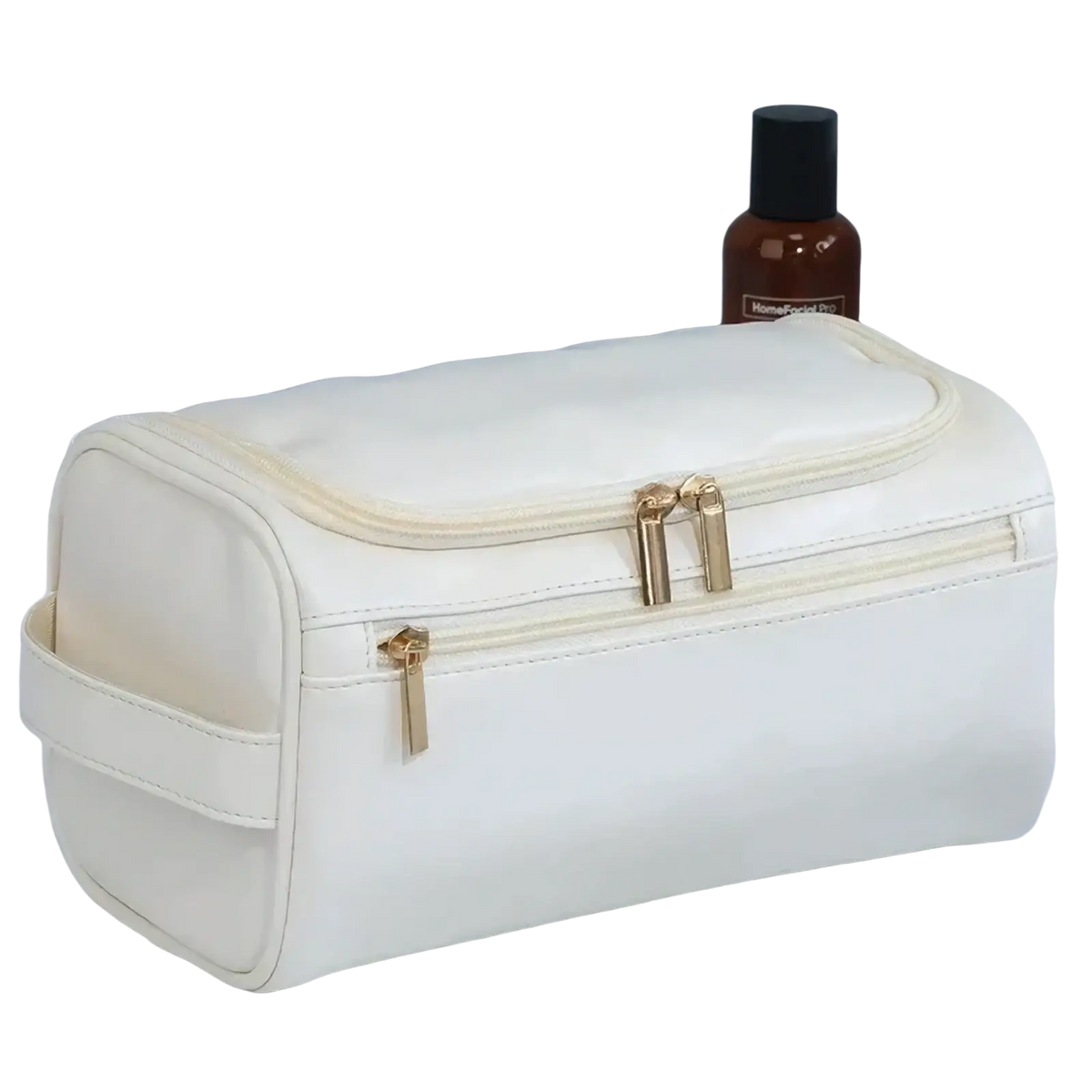 Leather toiletry bag for men and women in cream with soft texture gold-tone zippers and side handle for travel use