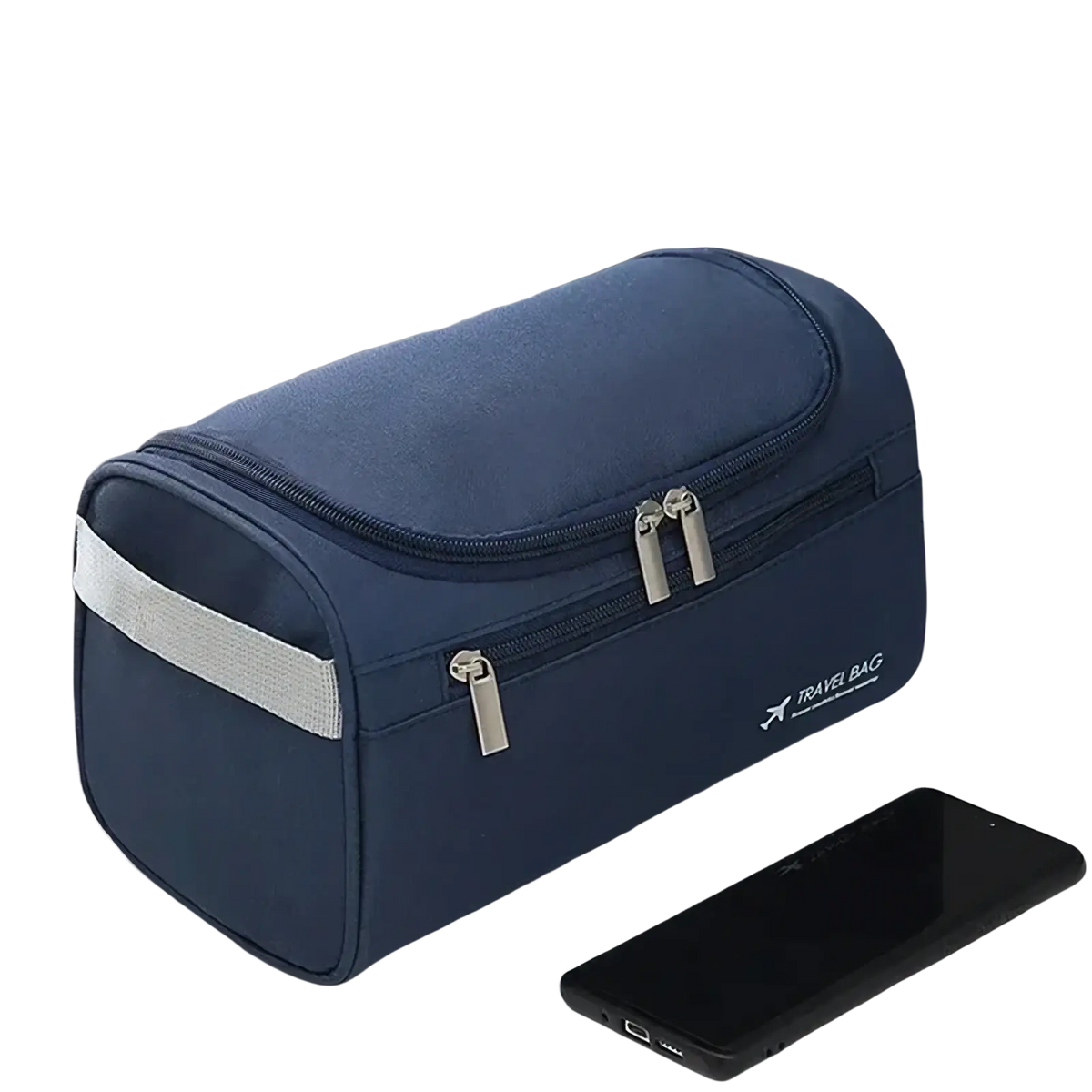 Navy blue leather toiletry bag for men and women with silver zippers and reflective gray strap for travel use