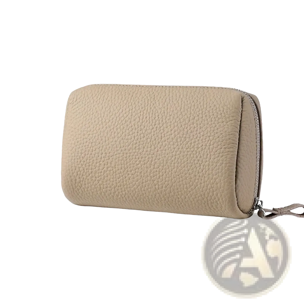 Beige textured leather zippered leather toiletry bag for women with matching fabric pull tab mini cosmetic pouch