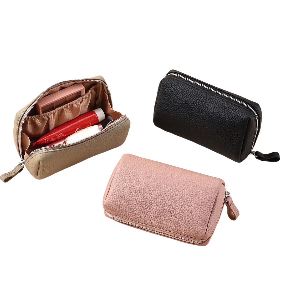 Beige textured leather mini cosmetic pouch with zipper closure and interior compartments for women’s toiletry use