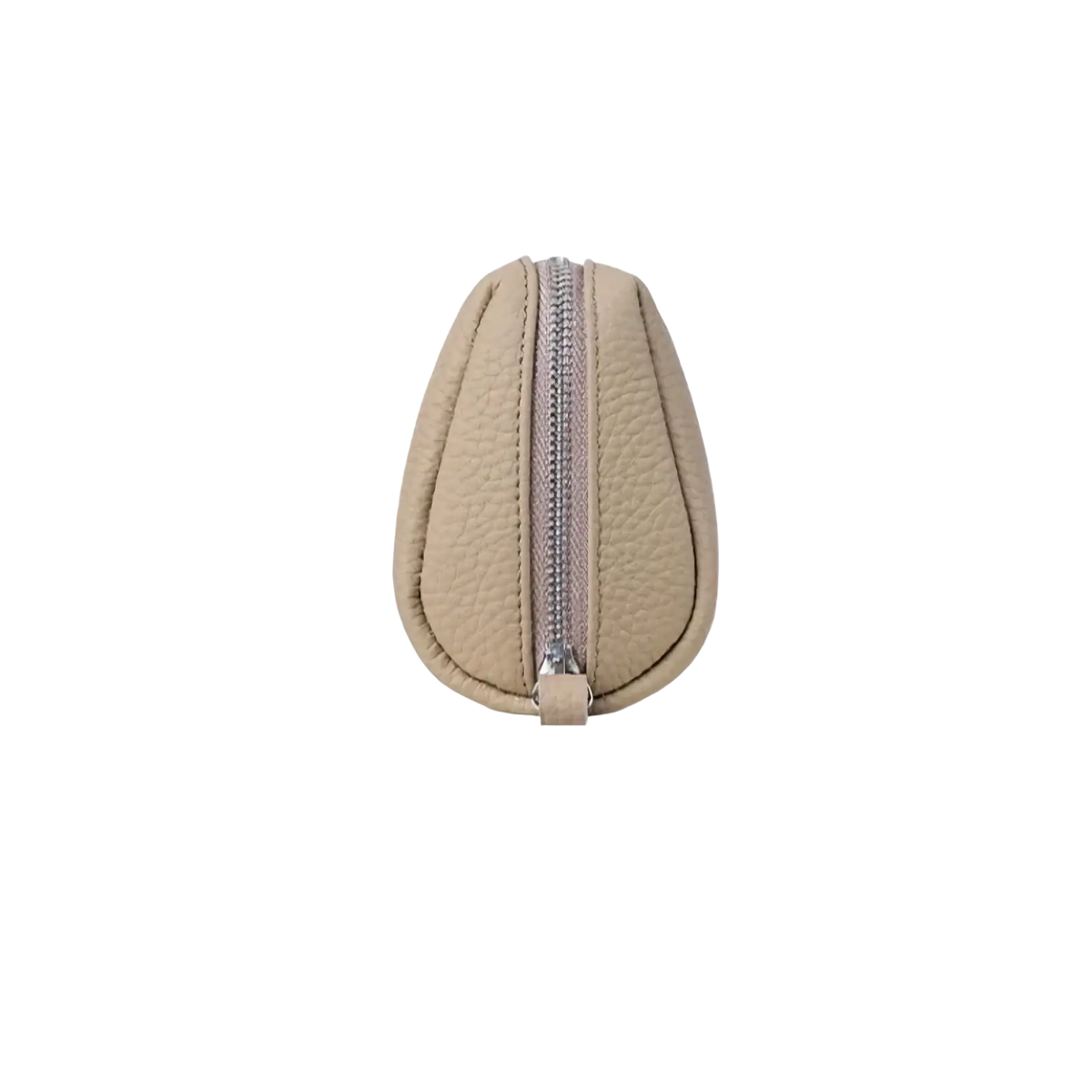 Beige textured leather mini cosmetic pouch with silver zipper and pull tab for women toiletry bag