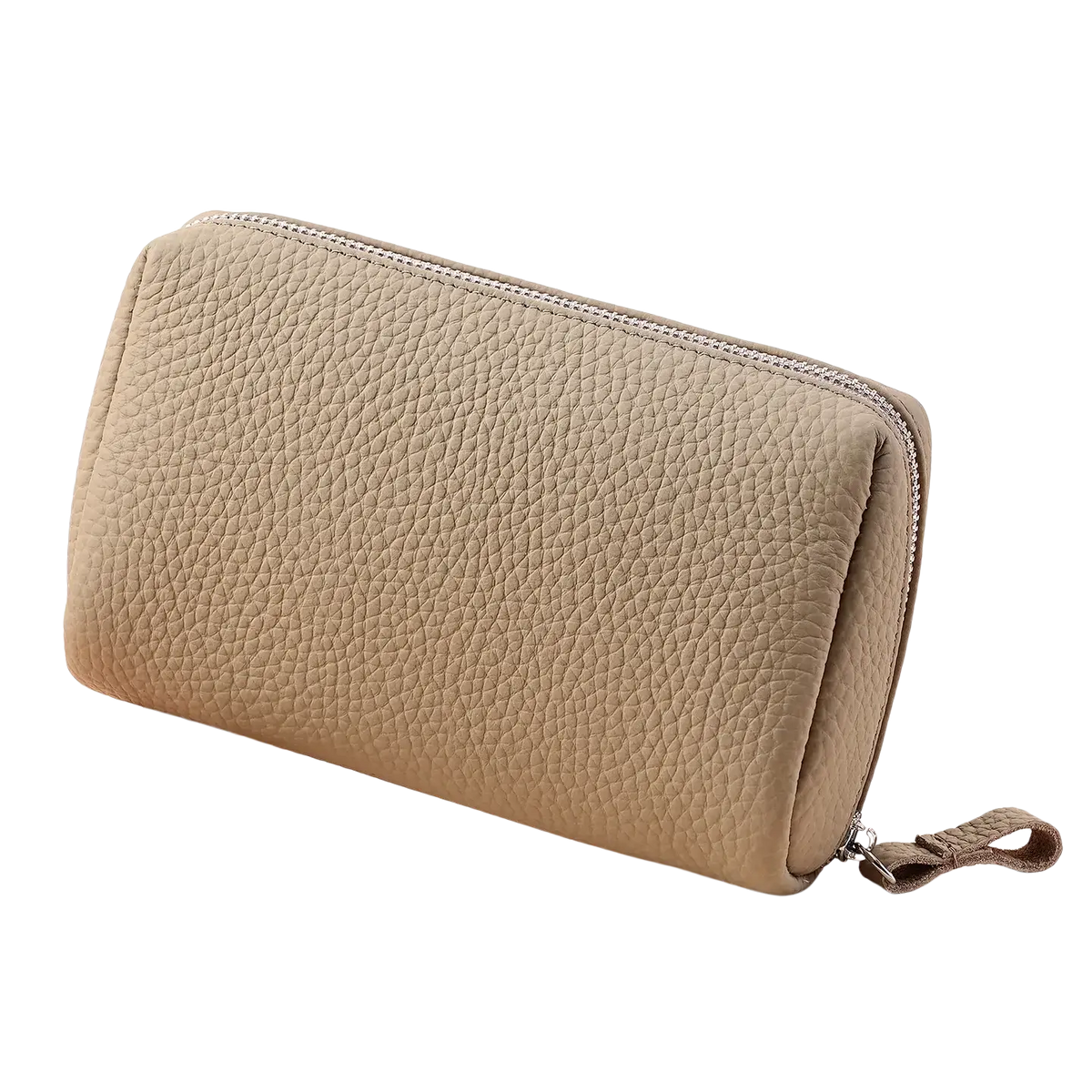 Beige textured leather zippered leather toiletry bag for women with silver zipper and matching pull tab