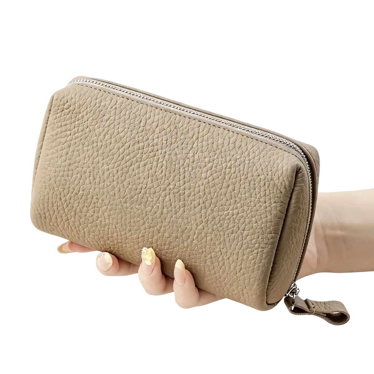 Beige textured leather toiletry bag for women with silver zipper and pull tab mini cosmetic pouch
