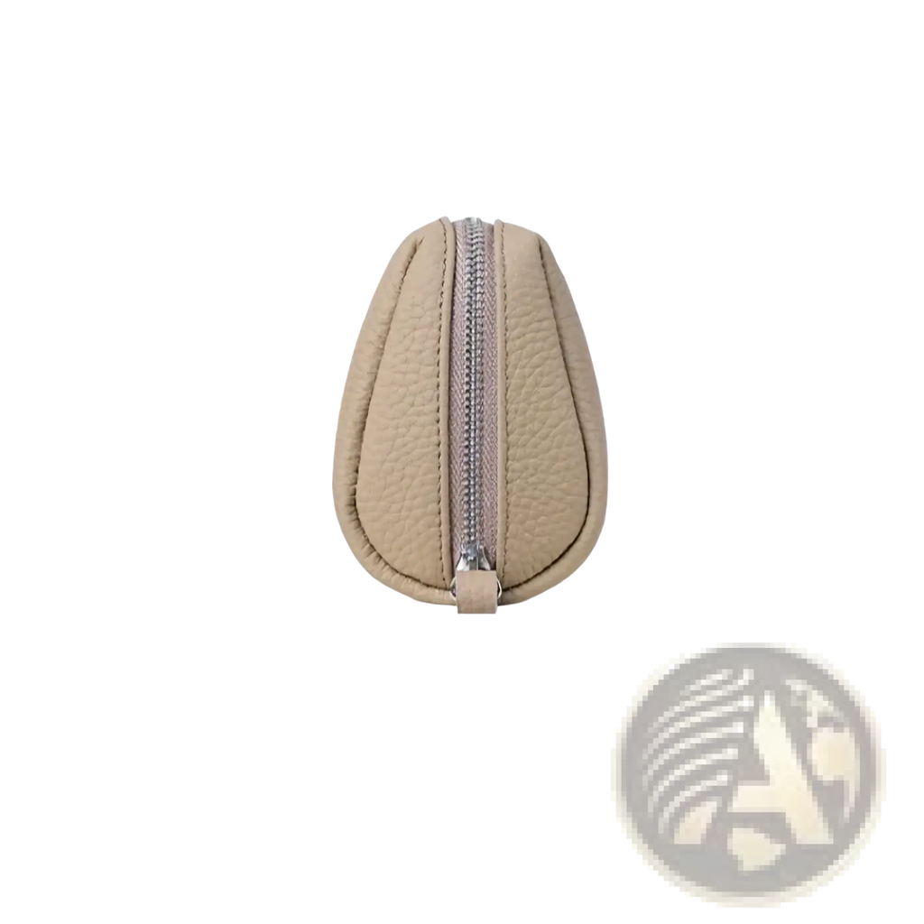 Beige textured leather mini cosmetic pouch with silver zipper and pull tab for women toiletry bag