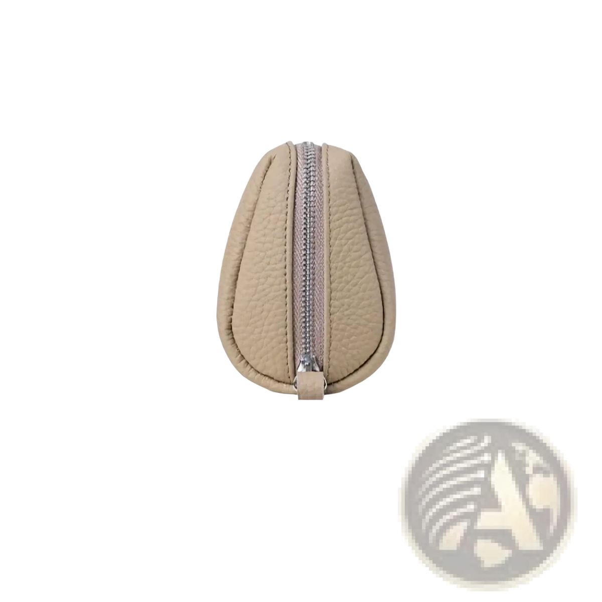 Beige textured leather mini cosmetic pouch with silver zipper and pull tab for women toiletry bag