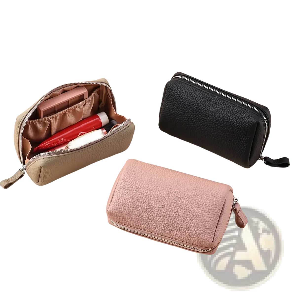 Beige textured leather mini cosmetic pouch with zipper closure and interior compartments for women’s toiletry use