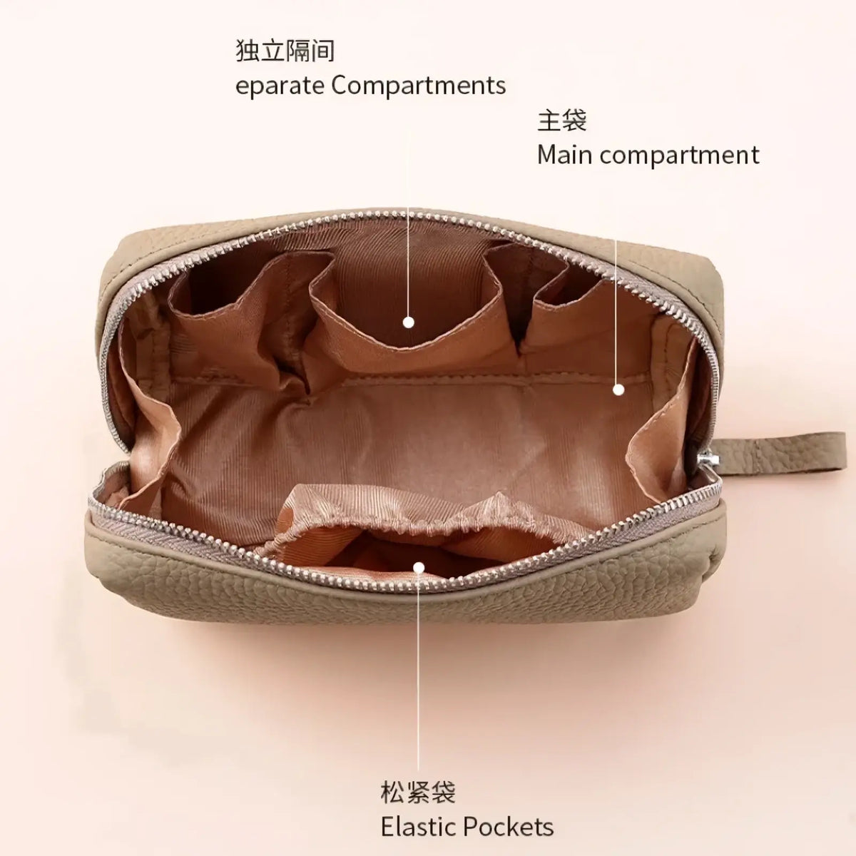 Beige textured leather toiletry bag for women with multiple compartments and elastic pockets for cosmetics