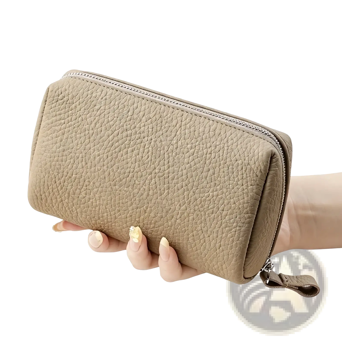 Beige textured leather toiletry bag for women with silver zipper and pull tab mini cosmetic pouch