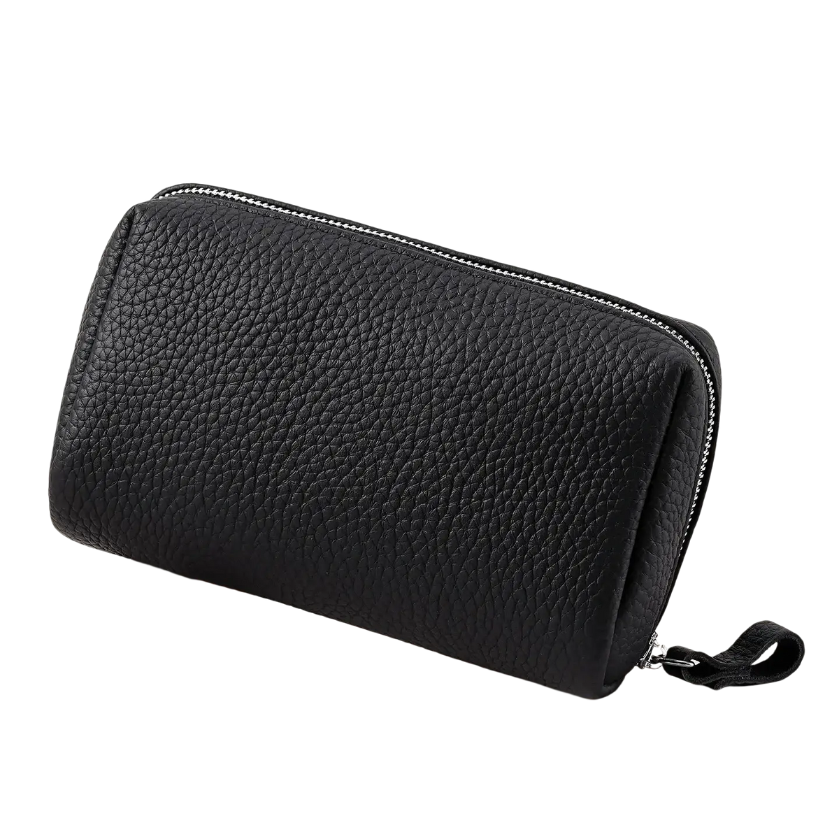 Black pebbled leather mini cosmetic pouch with silver zipper and pull tab for women’s toiletry bag