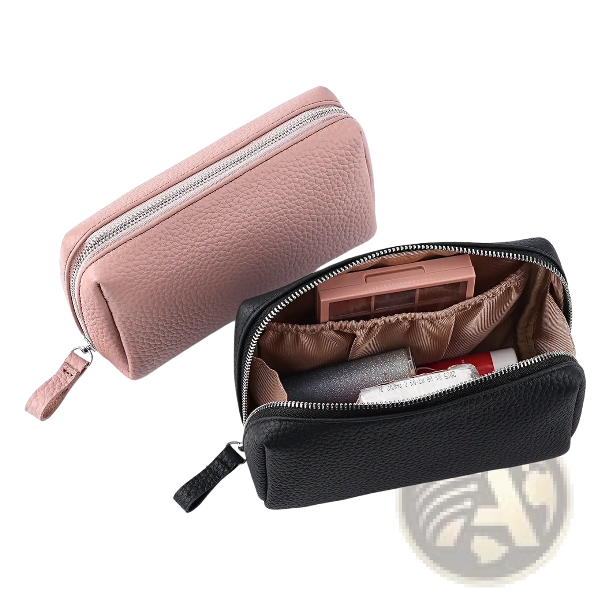 Leather toiletry bag for women mini cosmetic pouch in pink and black textured leather with silver zippers