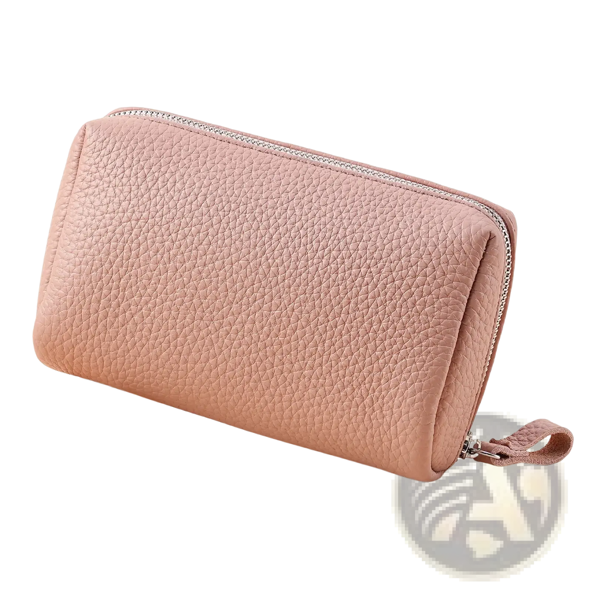 Leather toiletry bag for women mini cosmetic pouch in soft pink textured leather with silver zipper and matching pull tab