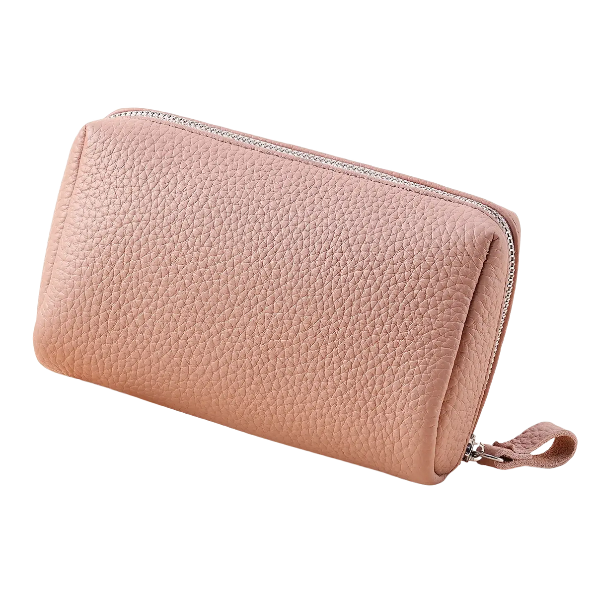 Leather toiletry bag for women mini cosmetic pouch in soft pink textured leather with silver zipper and matching pull tab
