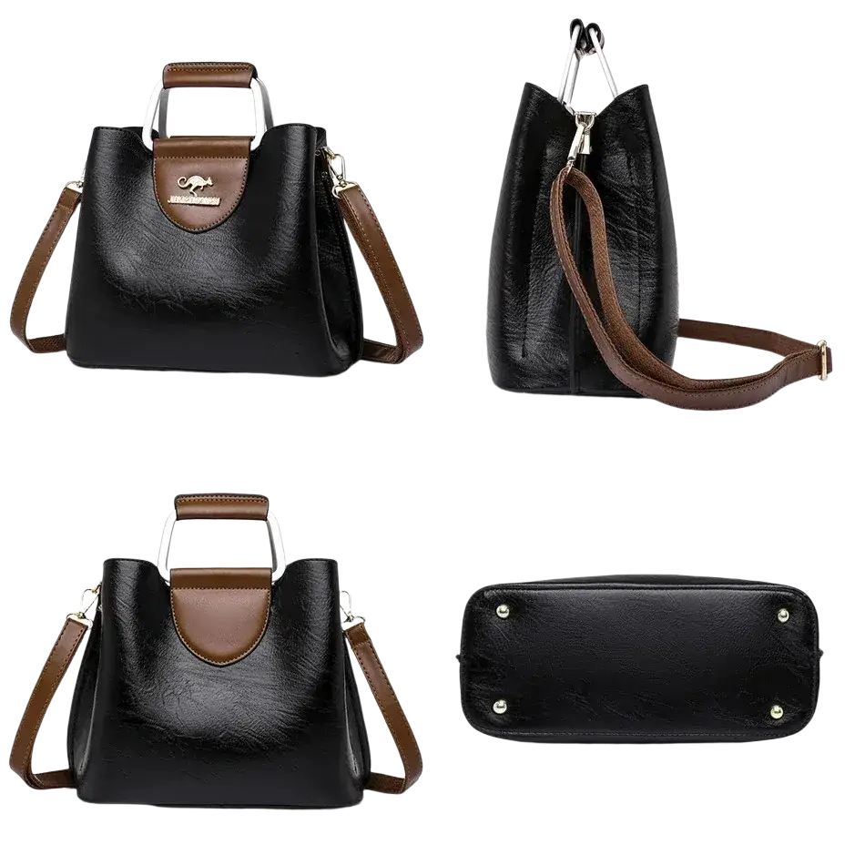 Black leather tote bag with brown accents, silver kangaroo logo plaque, and pocket interior for organized storage